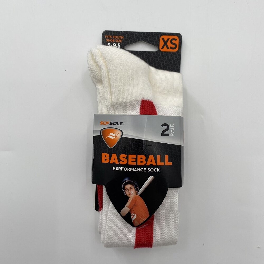 2 Pair Sof Sole Baseball Stirrup Over-the-Calf Performance Socks White/Red 5-9.5